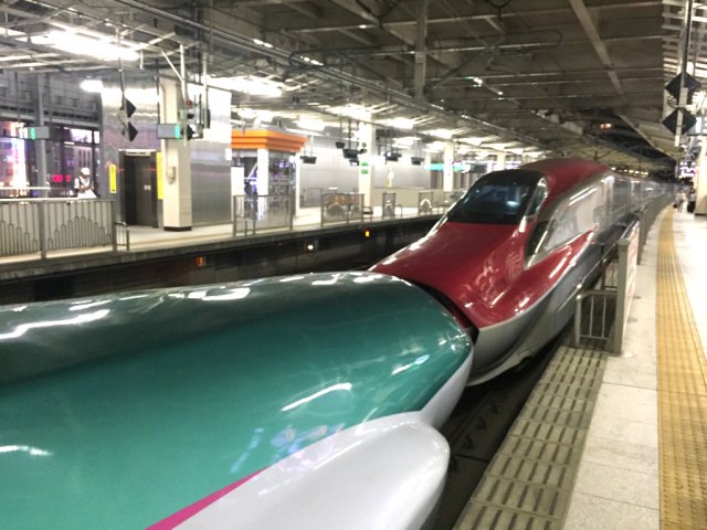盛岡駅でのはやぶさ」と「こまち」の連結。東北への飛行機ではない旅、オススメします。これからの桜の季節に是非！